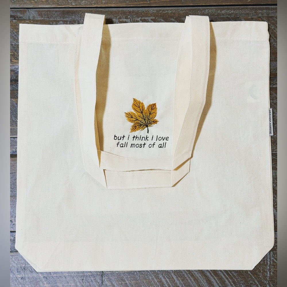 Organic cotton tote bag fall leaf embroidered print